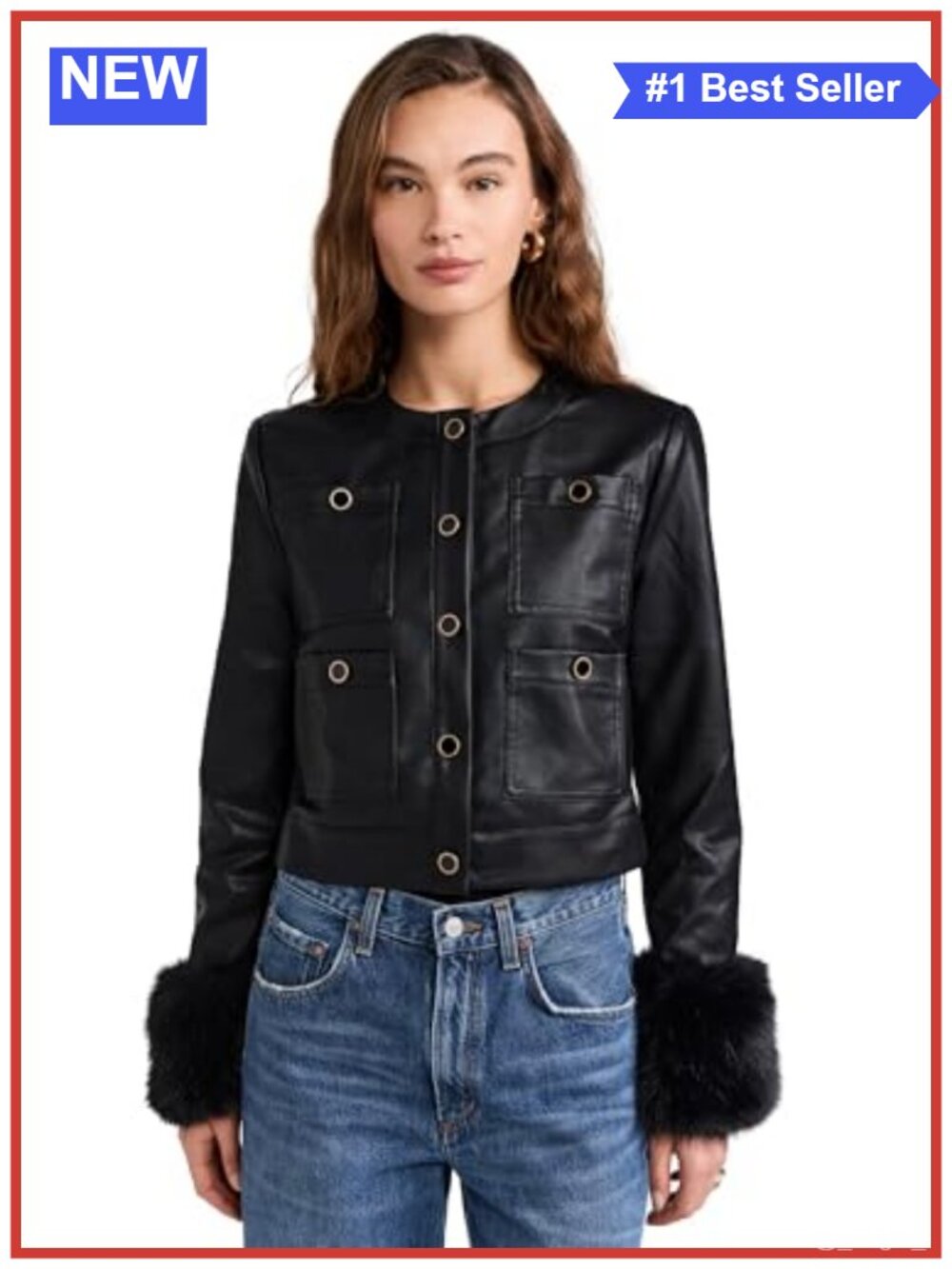 Faux Leather Boxy Jacket Lightweight Faux Fur Cuffs Oversized Fit